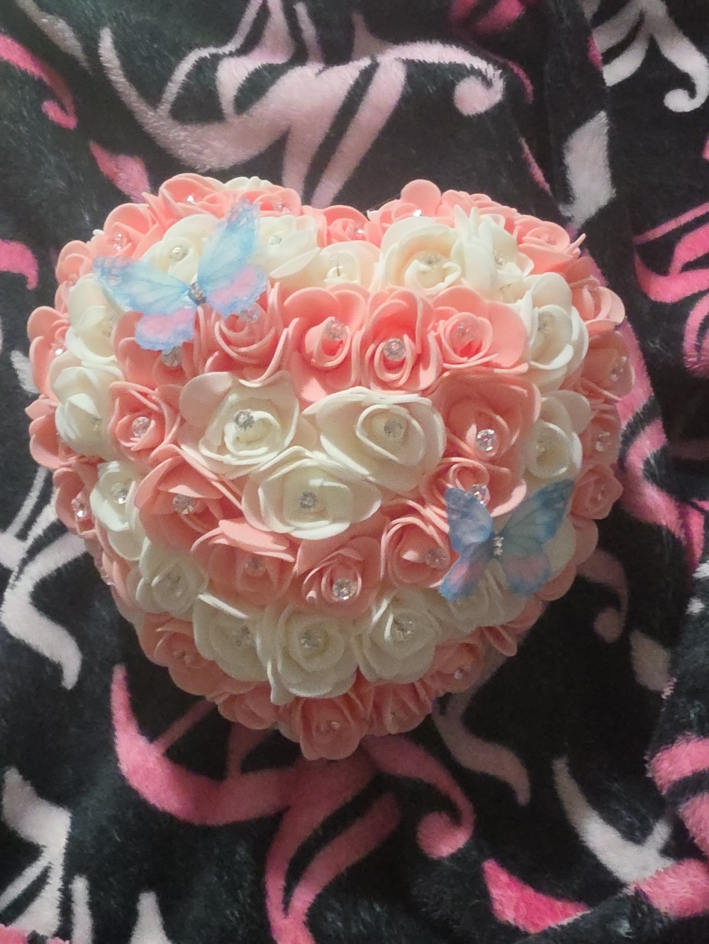 Heart-Shaped Foam Rose Bouquet with Butterflies - Pink & White